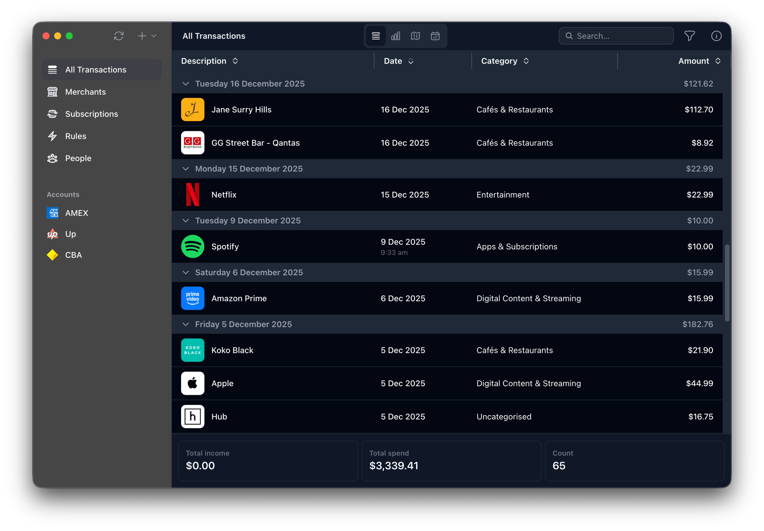 The Finances app showing spending charts and transactions